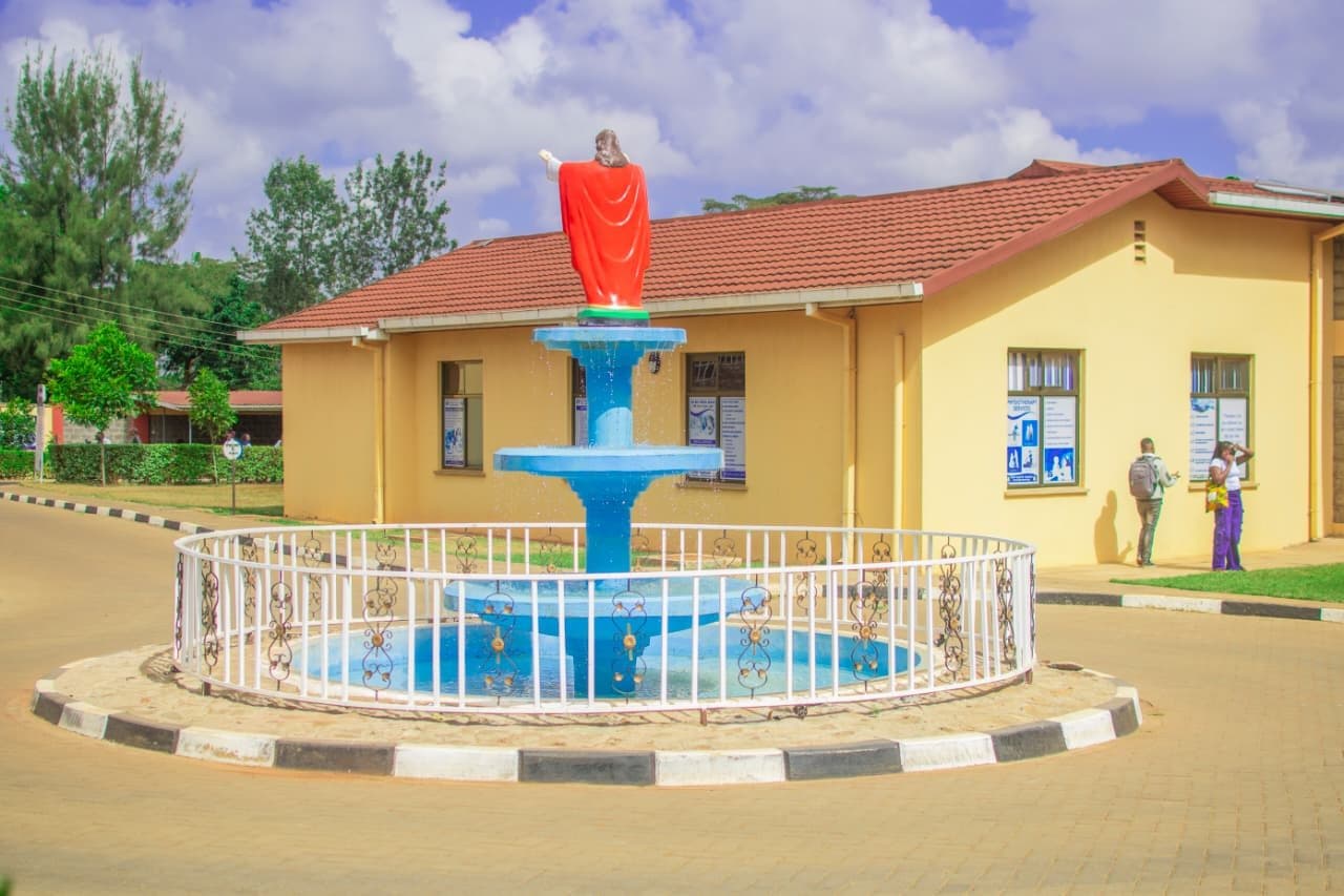 The Sacred Heart fountain and outpatient buildings on the hospital campus