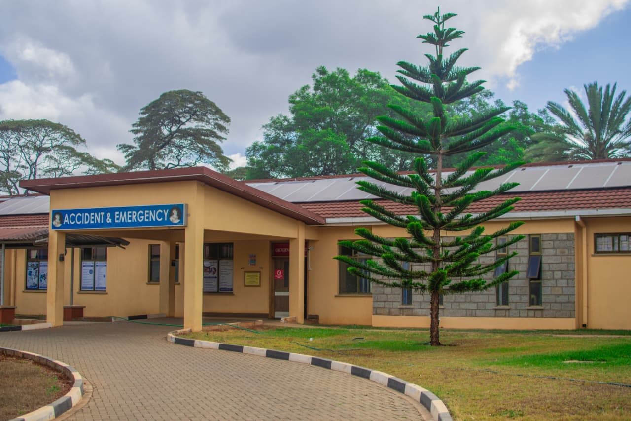 The Accident and Emergency entrance of Mary Help of the Sick Mission Hospital with its brick driveway and lawns